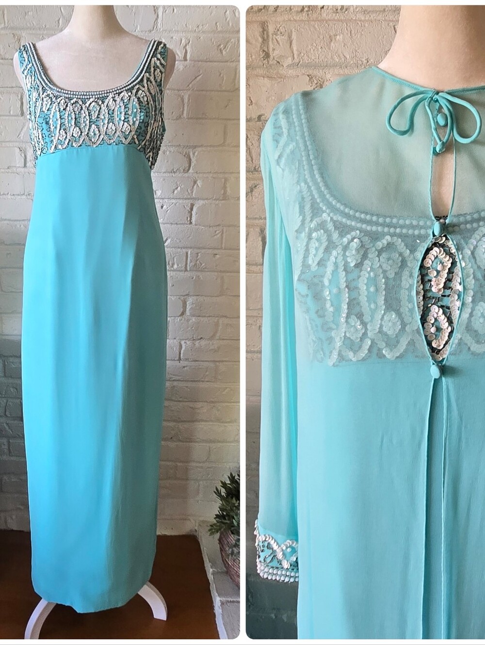 Vtg 1960s 70s Light Blue SILK Matching Set, Dress + Robe, S, Party